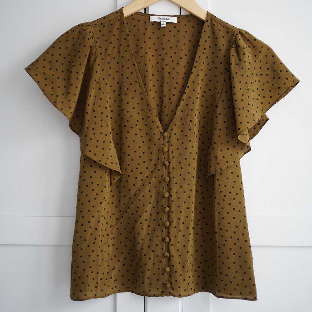 Madewell silk dark olive Polka Dot Flutter Sleeve Blouse